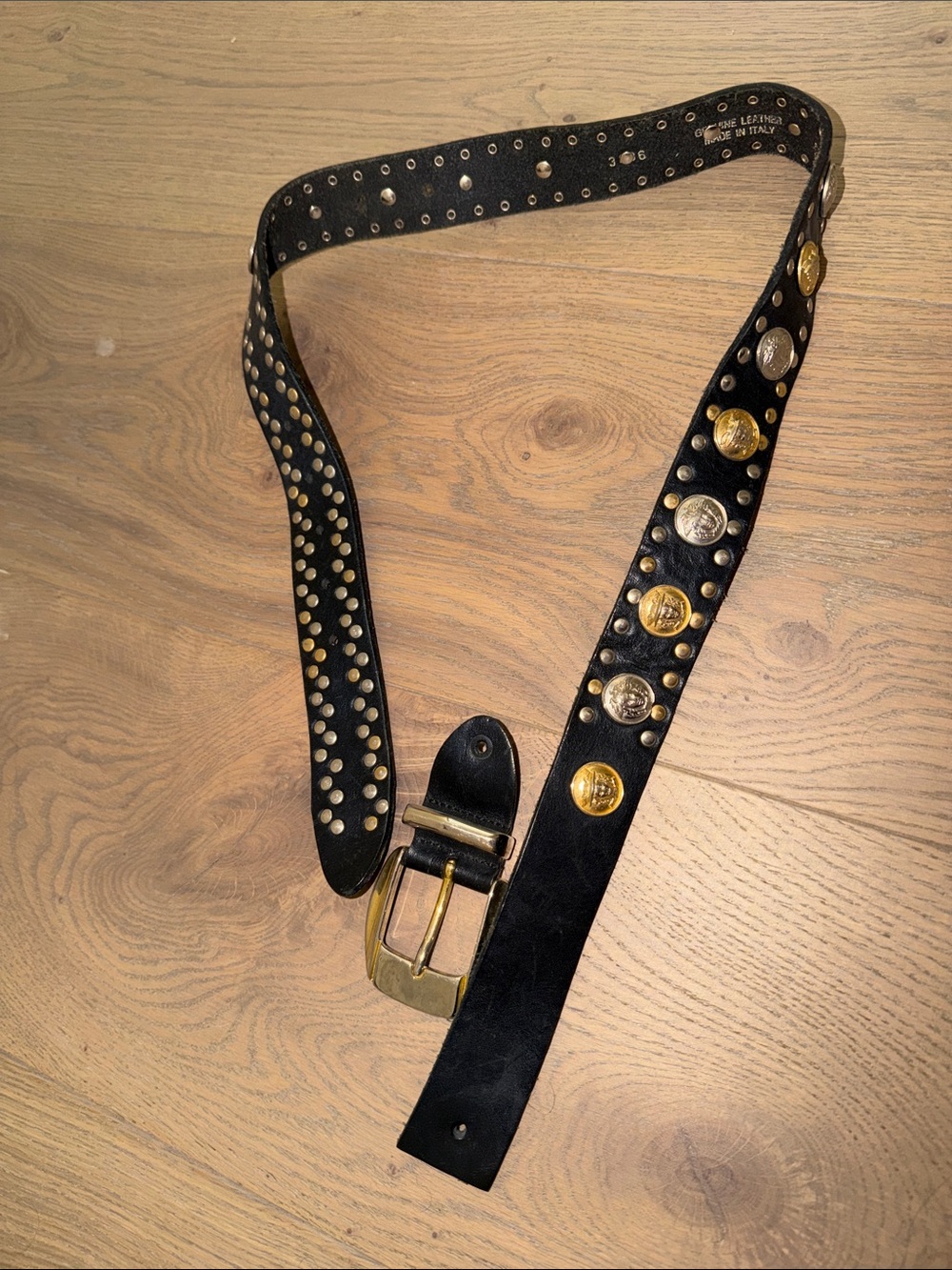 Vintage Versace Black Studded Leather Belt with Gold & Silver Accents